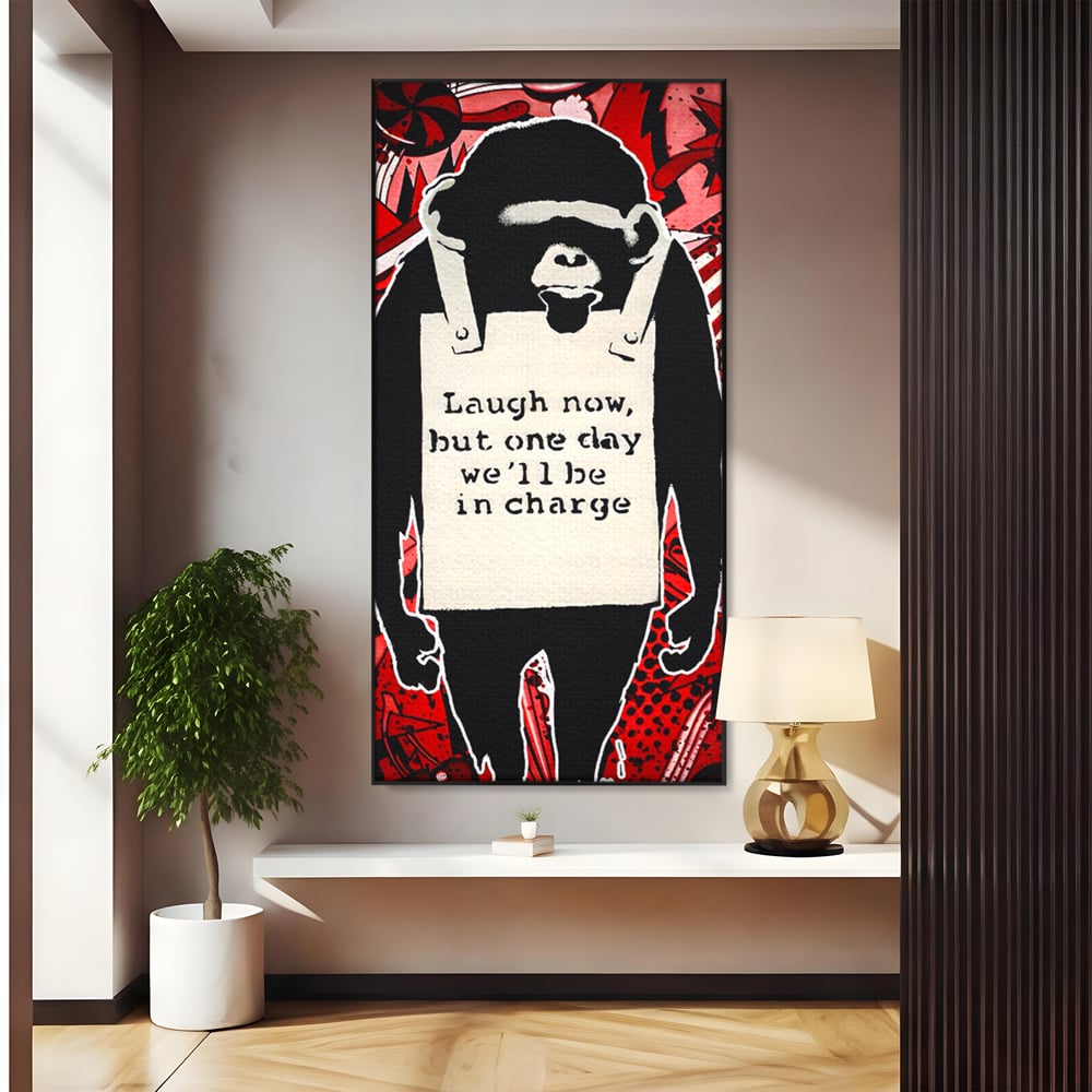 Tablou canvas cu tablou canvas cu cimpanzeu stilizat, in rama de aluminiu negru